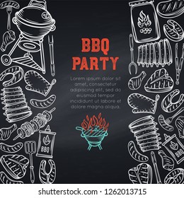 Barbecue page design. BBQ party poster template with hand drawn meat, chicken, fish, sausage and tools. Chalkboard style, vector illustration