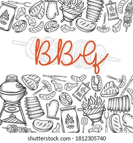 Barbecue page layout BBQ party with outline meat, chicken, fish, sausage and tools. Vector hand drawn sketch illustration.