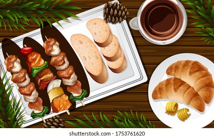 Barbecue And Pancake Close Up On Desk Background With Some Leaves Props Illustration