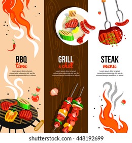 Barbecue party 3 flat vertical banners set with grilled steak sausages and vegetables abstract isolated vector illustration 