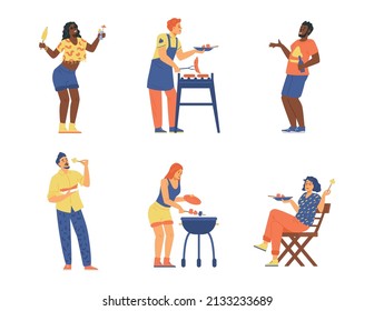 Barbecue party adult character isolated. Black and white people celebrate together at grill bbq party, man eat sausage and drink beer, woman at grilled corn and dance. Flat vector illustration.