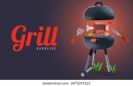 Composición de fondo de fiesta de barbacoa en estilo de dibujos animados 3d. Parrilla realista moderna con Elementos de comida. Plantilla Horizontal brillante para el Anuncio de la cubierta, cartel, folleto. Ilustración vectorial.