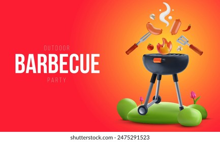 Barbecue party background composition in 3d cartoon style. Modern realistic grill with food elements. Bright horizontal template for cover banner, poster, flyer. Vector illustration.