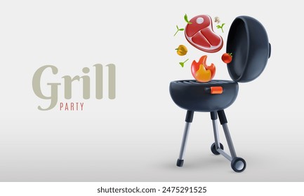 Barbecue party background composition in 3d cartoon style. Modern realistic grill with food elements. Bright horizontal template for cover banner, poster, flyer. Vector illustration.