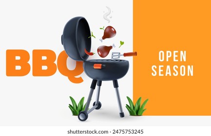 Barbecue party background composition in 3d cartoon style. Modern realistic grill with food elements. Bright horizontal template for cover banner, poster, flyer. Vector illustration.