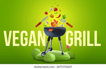 Barbecue party background composition in 3d cartoon style. Modern realistic grill with vegetable food elements. Bright horizontal template for cover banner, poster, flyer. Vector illustration.