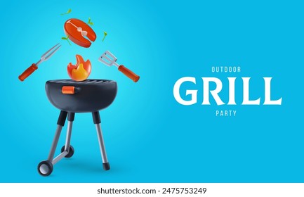 Barbecue party background composition in 3d cartoon style. Modern realistic grill with food elements. Bright horizontal template for cover banner, poster, flyer. Vector illustration.