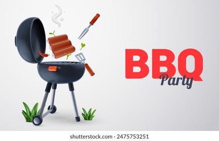 Barbecue party background composition in 3d cartoon style. Modern realistic grill with food elements. Bright horizontal template for cover banner, poster, flyer. Vector illustration.