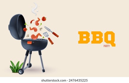 Barbecue party background composition in 3d cartoon style. Modern realistic grill with food elements. Bright horizontal template for cover banner, poster, flyer. Vector illustration.