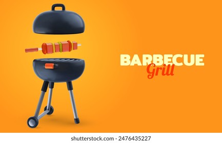 Barbecue party background composition in 3d cartoon style. Modern realistic grill with food elements. Bright horizontal template for cover banner, poster, flyer. Vector illustration.