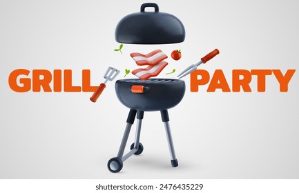 Barbecue party background composition in 3d cartoon style. Modern realistic grill with food elements. Bright horizontal template for cover banner, poster, flyer. Vector illustration.