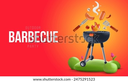 Barbecue party background composition in 3d cartoon style. Modern realistic grill with food elements. Bright horizontal template for cover banner, poster, flyer. Vector illustration.