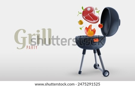 Barbecue party background composition in 3d cartoon style. Modern realistic grill with food elements. Bright horizontal template for cover banner, poster, flyer. Vector illustration.