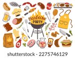 Barbecue party background with meat, burgers, sausages and barbecue utensils. Collection of 35 bbq colorful elements isolated on white. Hand-drawn vector illustration.