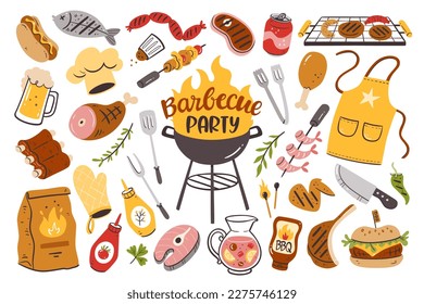 Barbecue party background with meat, burgers, sausages and barbecue utensils. Collection of 35 bbq colorful elements isolated on white. Hand-drawn vector illustration.