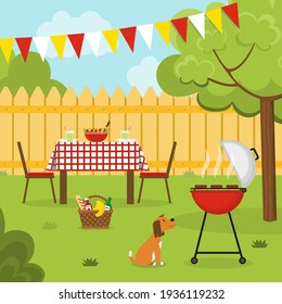 Barbecue party in the backyard with fence, trees, bushes and dog. Holliday dinner in the garden. Outside party in a summer house. Vector illustration. 