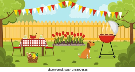 Barbecue party in the backyard with fence, trees, flowerbed and dog. Holliday dinner in the garden. Outside party in a summer house. Vector illustration. Banner. 