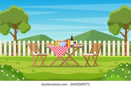 Barbecue party in the backyard with fence, trees, bushes. picnic with barbecue on summer lawn in park or garden food on table, chairs. vector illustration in flat design