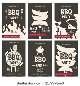 Barbecue party banner or invitation for cookout picnic, holiday or weekend. BBQ party poster or flyer in beige, black and red colours with grilling meat, sausages on a fork, flame, charcoal smoke.