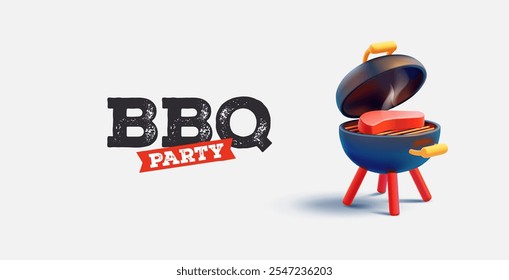 Fiesta de barbacoa. Barbacoa. Moderno Anuncio blanco con parrilla 3D y carne. Imagen realista para el Ocio al aire libre, conceptos de alimentos a la parrilla. Ilustración vectorial.