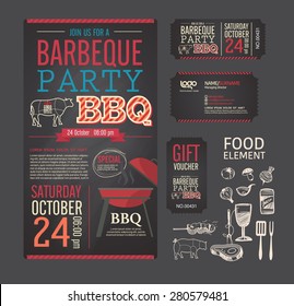 Barbecue Party BBQ Template Menu Design Set. Name Card, Gift Voucher, Ticket, Food Flyer.