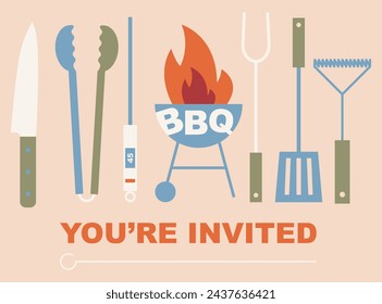 Barbecue party. BBQ time. Grill barbecue background. BBQ tool set grill accessories. Grilling utensils, knife, thermometer, tongs, spatula, fork for barbecue food cooking. Flat geometric style