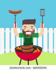 Barbecue party cartoon people for flyer or invite card.
