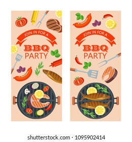 Barbecue party. Colorful invitation. Fish on the grill. Appetizing salmon with lemon on the grill surrounded by vegetables and corn. Two trout with lemon on the grill. Vector illustration, emblem. 