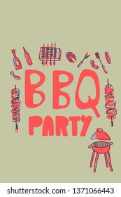 Barbecue Party composition with text. BBQ party flyer template with handdrawn lettering. Cookout symbols. Summer outdoor cooking elements. Vector color illustration.
