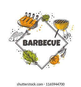Barbecue party concept design. Grill house. Hand drawn vector illustration. Can be used for menu, farmers market, shop, bbq, truck, restaurant, cafe, bar, poster, label, sticker, logo.