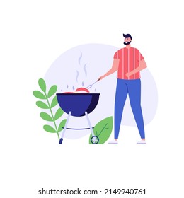 Barbecue party concept. Man at a picnic cooking a barbecue grill outdoors. Barbecue party banners with picnic on white background. Vector illustration.