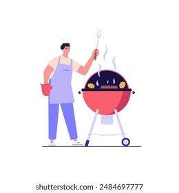 Barbecue party concept. Man at a picnic cooking a barbecue grill outdoors. Barbecue party banners with picnic on white background. Vector illustration