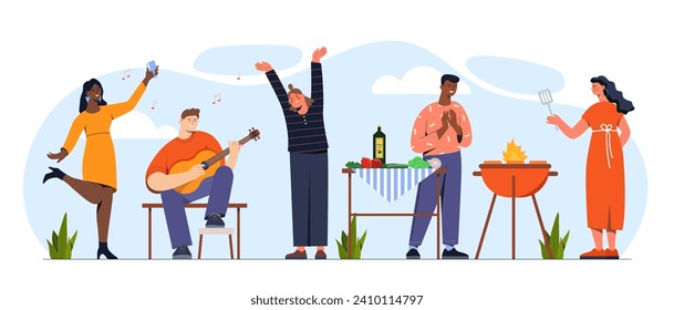 Barbecue party concept. Men and woman with guitar near grill with meat. Young guys and girls with BBQ. People at picnic outdoor. Cartoon flat vector illustration isolated on white background