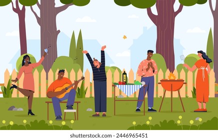 Concepto de barbacoa. Hombres y mujeres con instrumentos musicales y bebidas alcohólicas en el patio trasero. Parrilla con carne. Personas con verduras y barbacoa en el jardín. Ilustración vectorial plana de dibujos animados