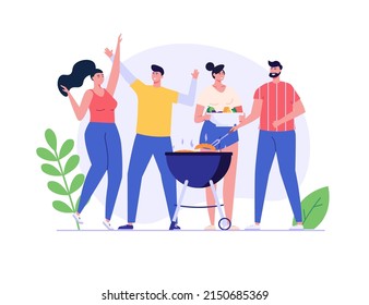 Barbecue party concept. People at a picnic cooking a barbecue grill outdoors. Barbecue party banners with dancing people at picnic on white background. Vector illustration.