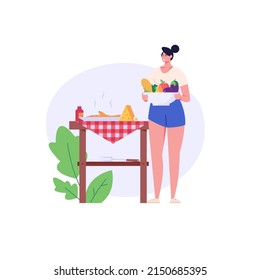 Barbecue party concept. Woman at a picnic cooking a barbecue grill outdoors. Barbecue party banners with picnic on white background. Vector illustration.