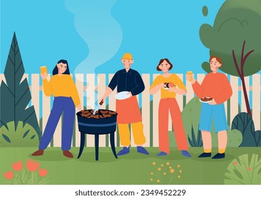 Fiesta de parrilladas en fondo de campo con jóvenes divertidos bebiendo y comiendo en ilustración de vectores naturales