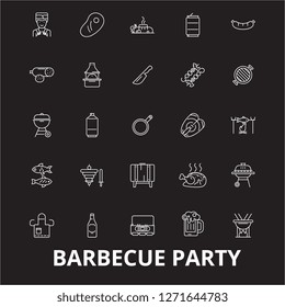 Barbecue party editable line icons vector set on black background. Barbecue party white outline illustrations, signs, symbols