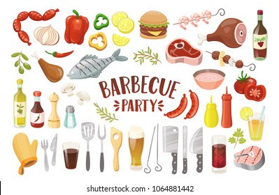 Barbecue party elements background. Grilled fish, meat, chicken, prawns, drumstick, sausages, burger, peeper, drinks, sauces and condiments. Isolated elements. Vector illustration.