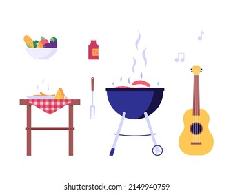 Barbecue party elements set. Items and instruments for picnic cooking a barbecue grill outdoors. Barbecue party banners at picnic on white background. Vector illustration.