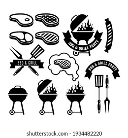 Barbecue party emblem, bbq and grill icons, vector