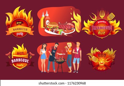 Barbecue party emblems, people near grill. Meat on skewer or steak, sausages and ketchup with mustard, hot bbq logos in fire vector illustrations set.