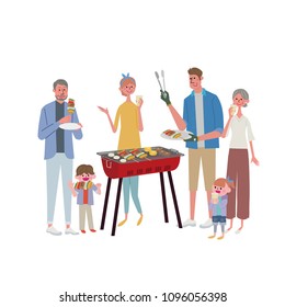 Barbecue party with family. Vector cartoon flat picnic illustration of people in the backyard.
