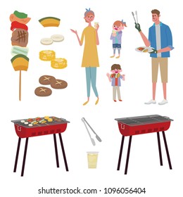 Barbecue party with family. Vector cartoon flat picnic illustration of people in the backyard.