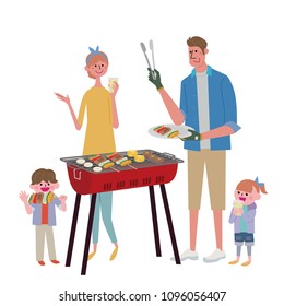 Barbecue party with family. Vector cartoon flat picnic illustration of people in the backyard.