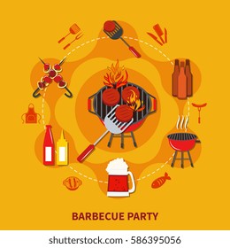 Barbecue  party flat with cooking on open fire with necessary objects and foods vector illustration