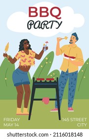 Barbecue party flat vector poster or invitation. Black woman and white man stand beside grill and have fun, eat sausages and drink cocktails. Summer garden picnic or party for friends and neighbors.