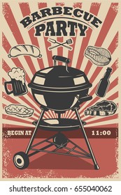 Barbecue Party Flyer Template. Grill, Fire, Grilled Meat, Beer, Butcher Tools. Design Elements For Poster, Restaurant Menu. Vector Illustration