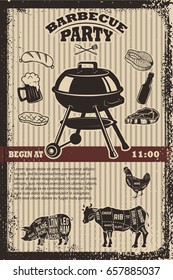 Barbecue party flyer template. Grill, fire, grilled meat, beer, butcher tools. Design elements for poster, restaurant menu. Vector illustration