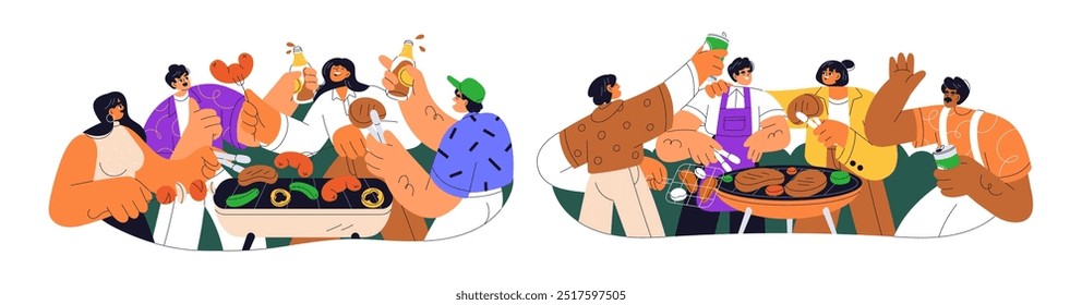 Fiesta de barbacoa con amigos asando carne, comiendo comida, bebiendo en vacaciones de verano. Gente feliz cocinando barbacoa al aire libre. Hombres y mujeres en la barbacoa. Ilustración vectorial plana aislada sobre fondo blanco